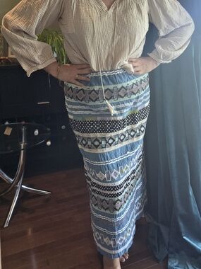 Blue Patterned Maxi Skirt with Smocked Waist